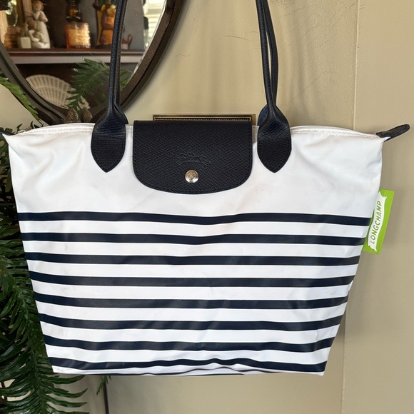 Longchamp Le Pliage Mariniere Zippered Shoulder Tote Blue White Nautical Stripes - Picture 2 of 16